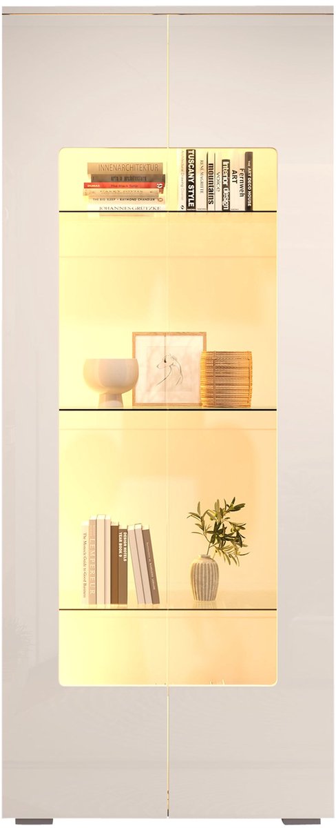 Merax Hoogglans Vitrinekast 70x40x173 cm – Witte Vitrine met LED Verlichting – Kast met Ac