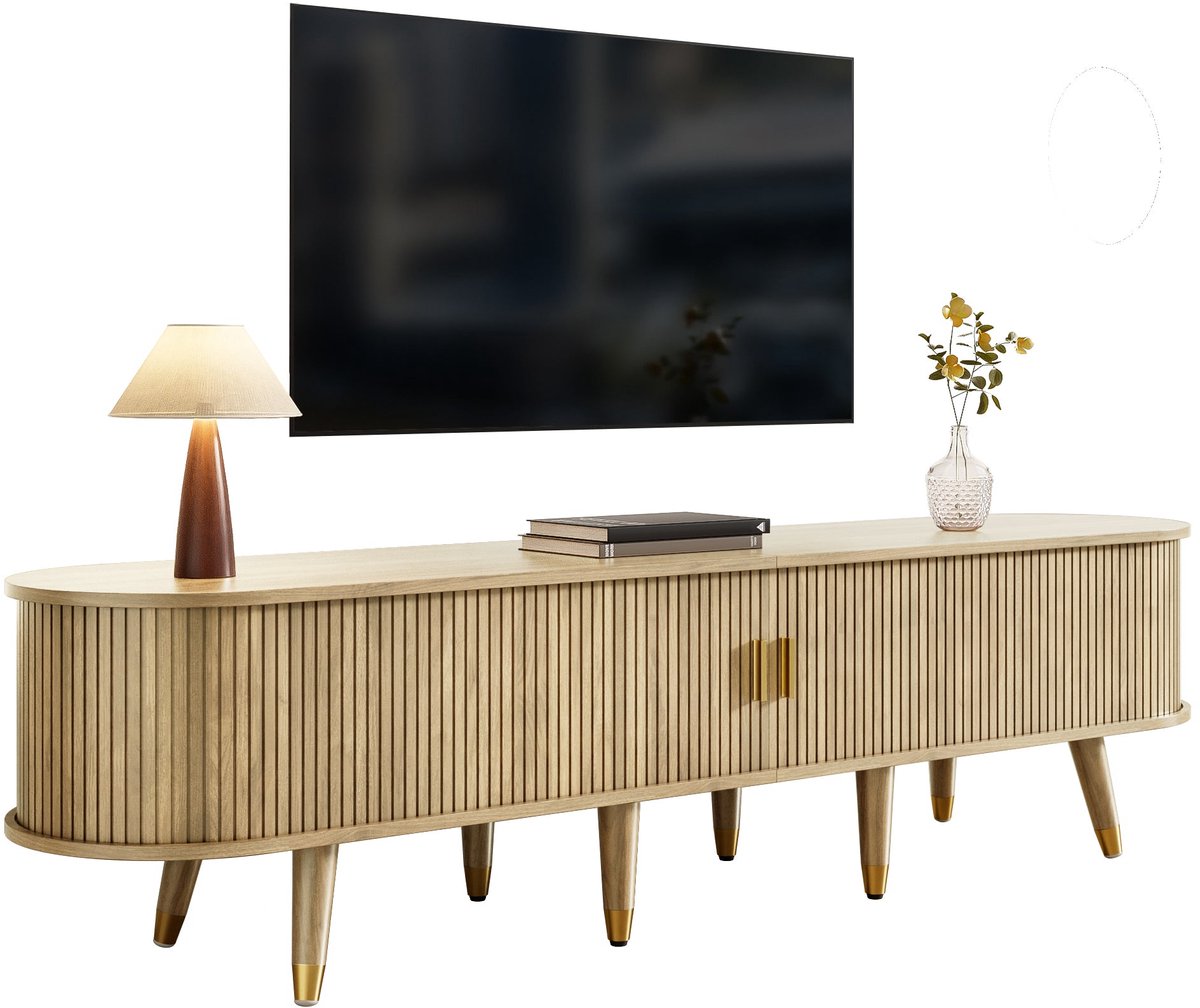 Merax TV Meubel 175 cm met Schuifdeur Open Vakken en Lades - Houten TV Kast met Scandinavisch Design en Gouden Details - Stijlvol TV Lowboard met Veel Opbergruimte Bruin