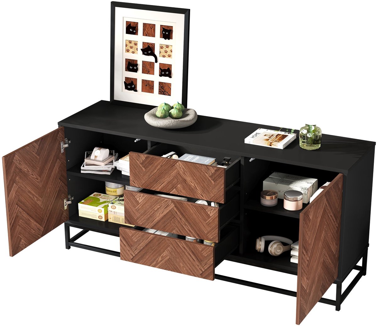Merax Sideboard 145x40x67 cm – Moderne Opbergkast met 3 Lades en 2 Deuren – Dressoir met Metalen Frame en Verstelbare Legplanken – Houtkleur en Zwart Bruin