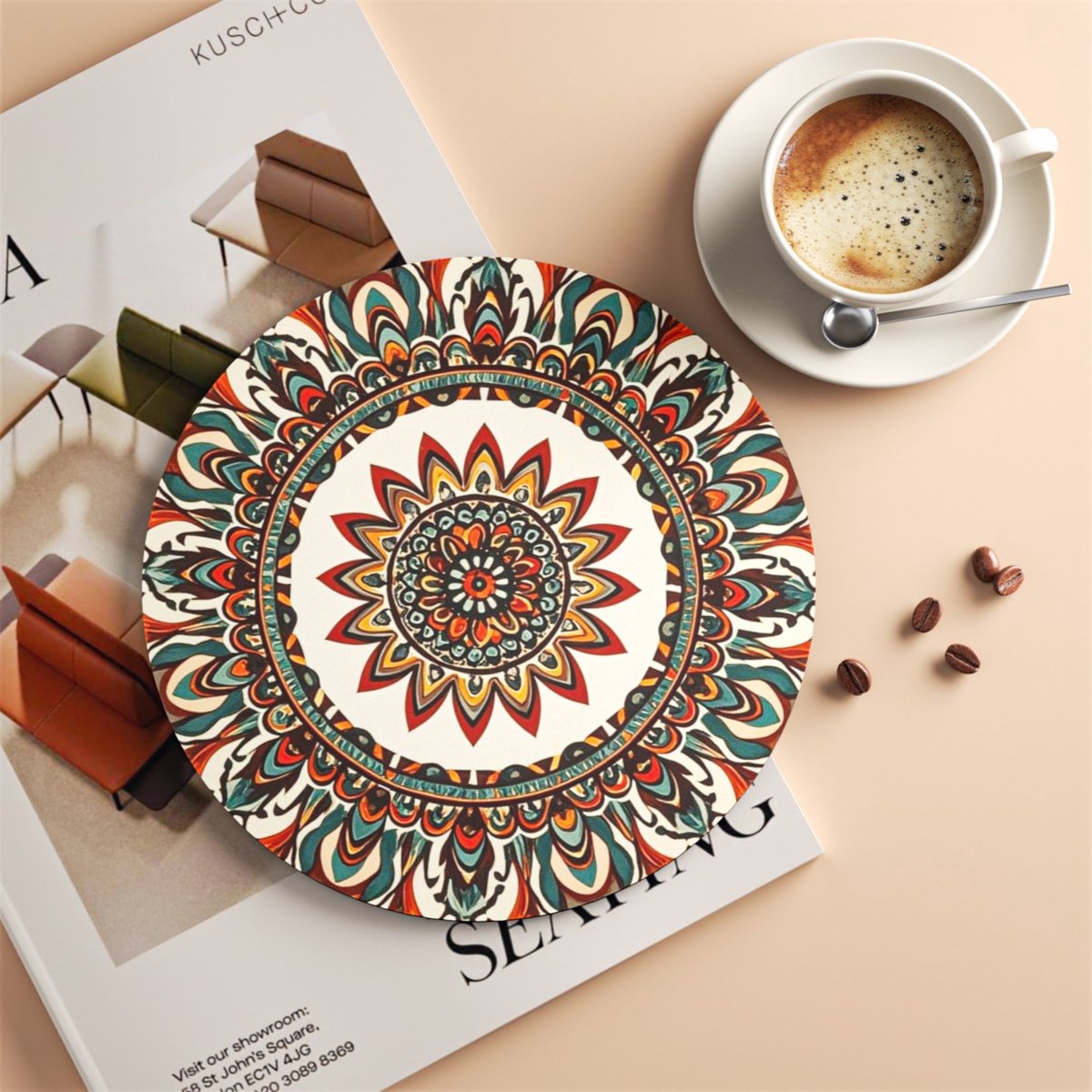 Mandala onderzetters met houder - Set van 5 keramische boho onderzetters voor drankjes, absorberend met kurken onderkant en zwarte houder - Onderzetters voor salontafel, appartement, houten bar, mokken, glazen, kopjes, bier-Afmetingen: 12x12 cm — cadeau in Wonen & Interieur - foto 4