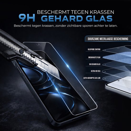 Screenprotector van gehard glas 9H wordt door een mes gesneden, toont meerlaagse bescherming.