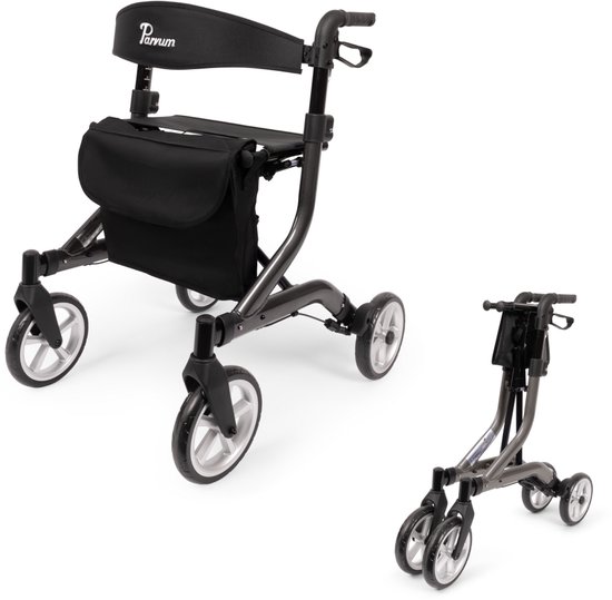 Antracietkleurige rollator van Parvum, zowel in gebruiksstand als opgevouwen.