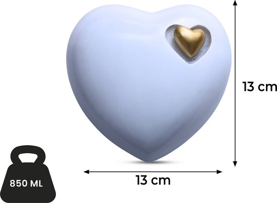 Wit hartvormige urn van 13 cm breed en 13 cm hoog met een gouden hartje.