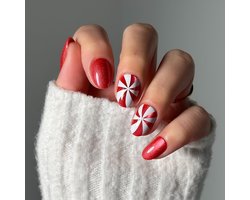24 Stuk Korte Ovale Vorm Kunstnagels - Candy Crush Kerstnagels Met Suikerstokjespatroon - Fluwelen Look Salonkwaliteit Feestdagen Nagelset