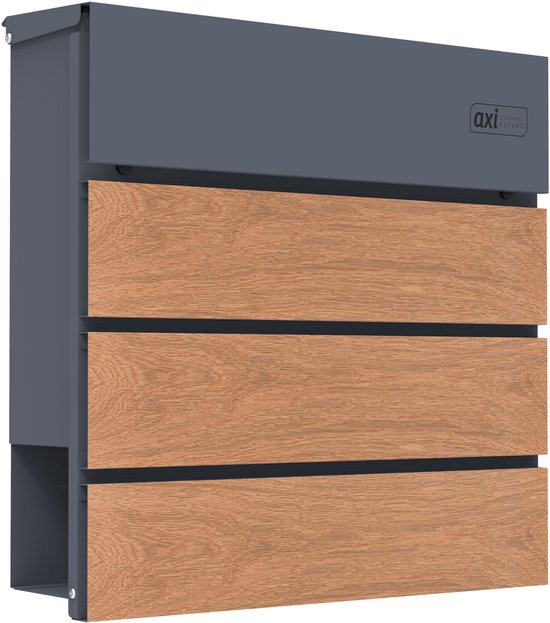 Antracietkleurige brievenbus met houtlook panelen en een slot.