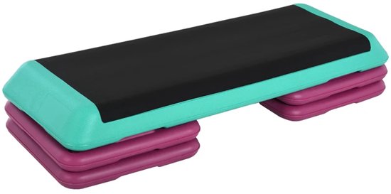 Een aerobic stepper met zwart plateau, turquoise rand en paarse verhogers.