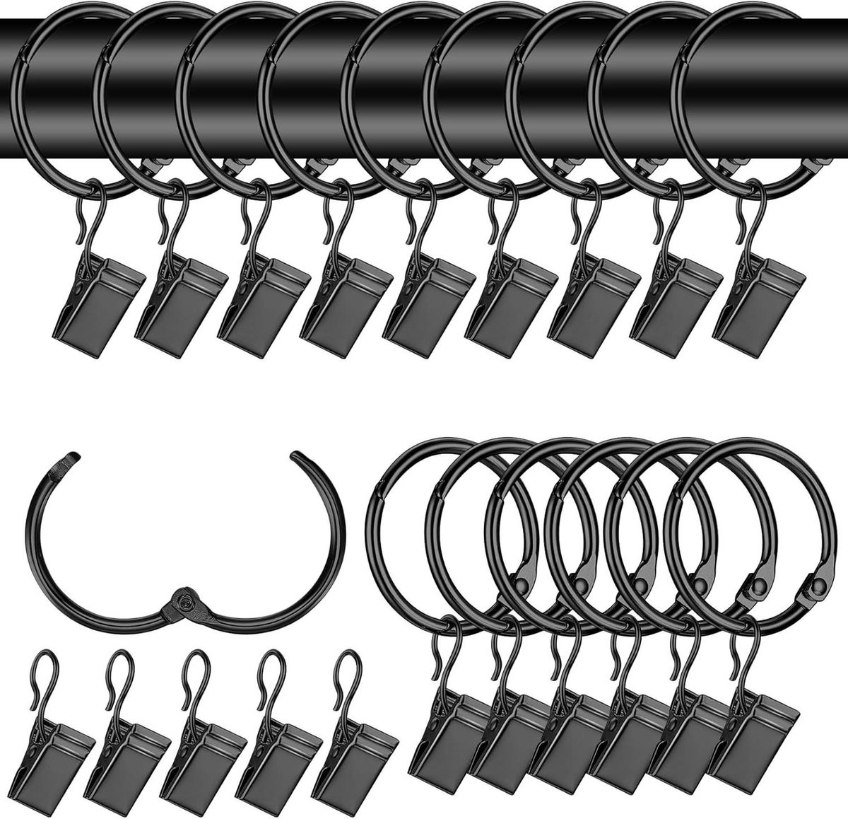 CSGoods - Metalen Gordijnringen met Clips, Set van 42 stuks, Zwart - Voor Raam en Douchegordijnen