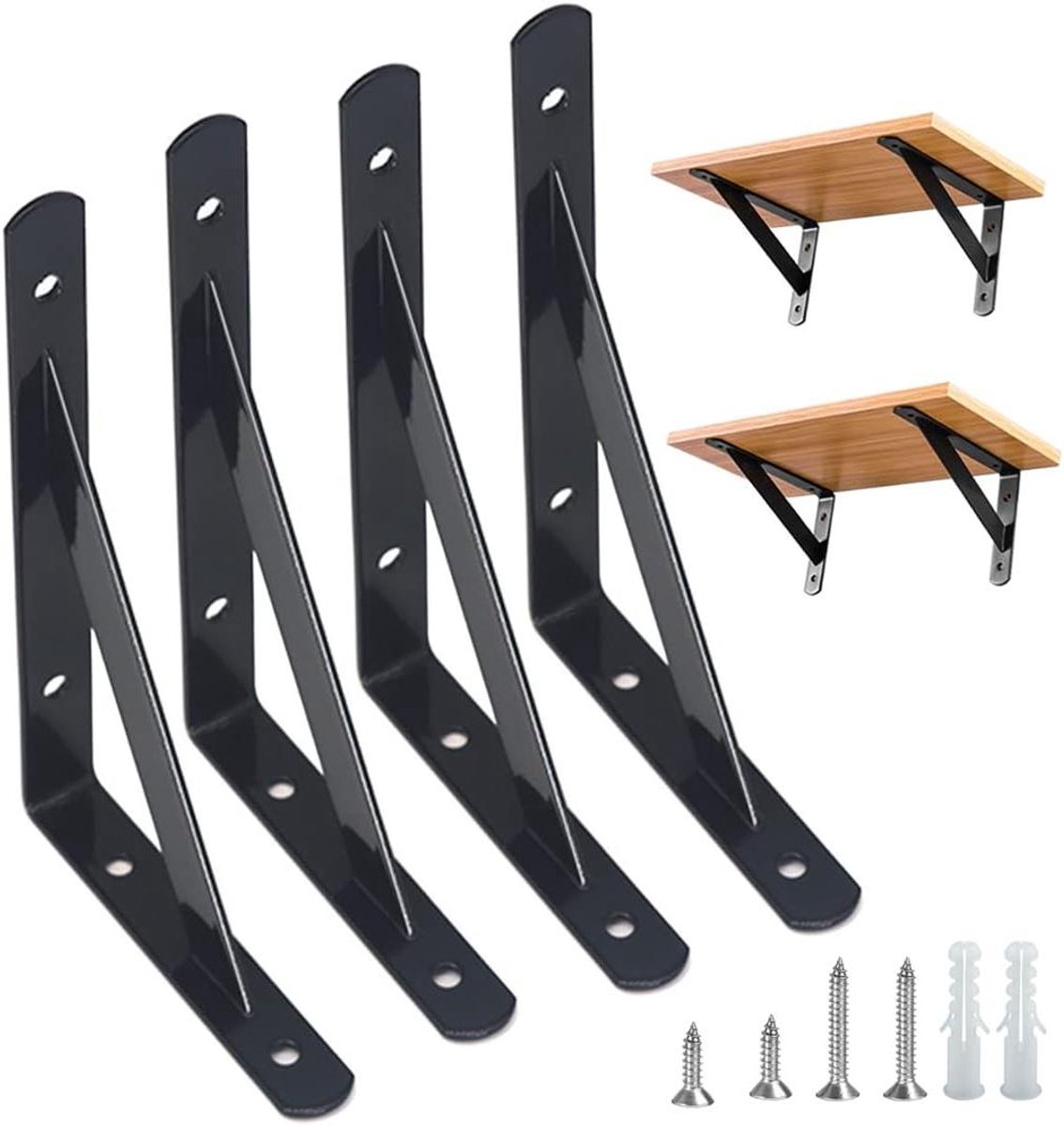 CSGoods - Driehoekige Plankbeugels voor Zware Belasting, Wandgemonteerde Beugels, Eenvoudig te Installeren, Accessoires Inbegrepen, 4 Stuks (zwart)