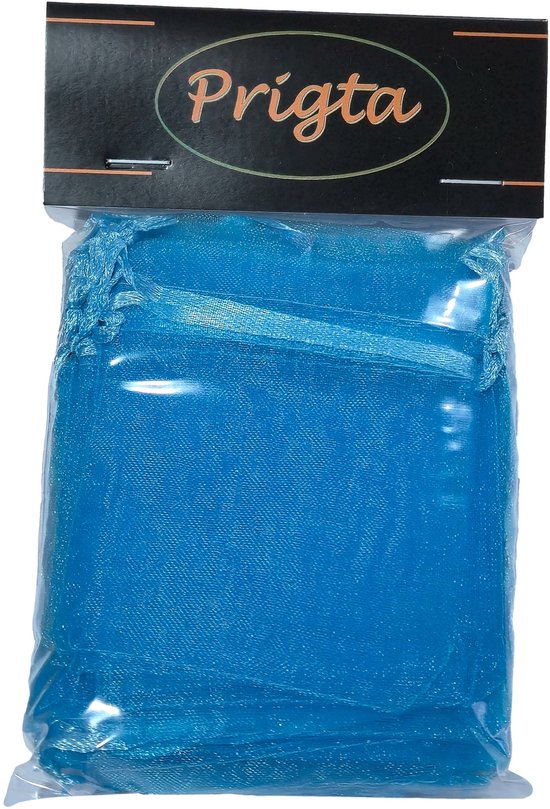 Blauw organza zakje verpakt in plastic, met het merk Prigta.