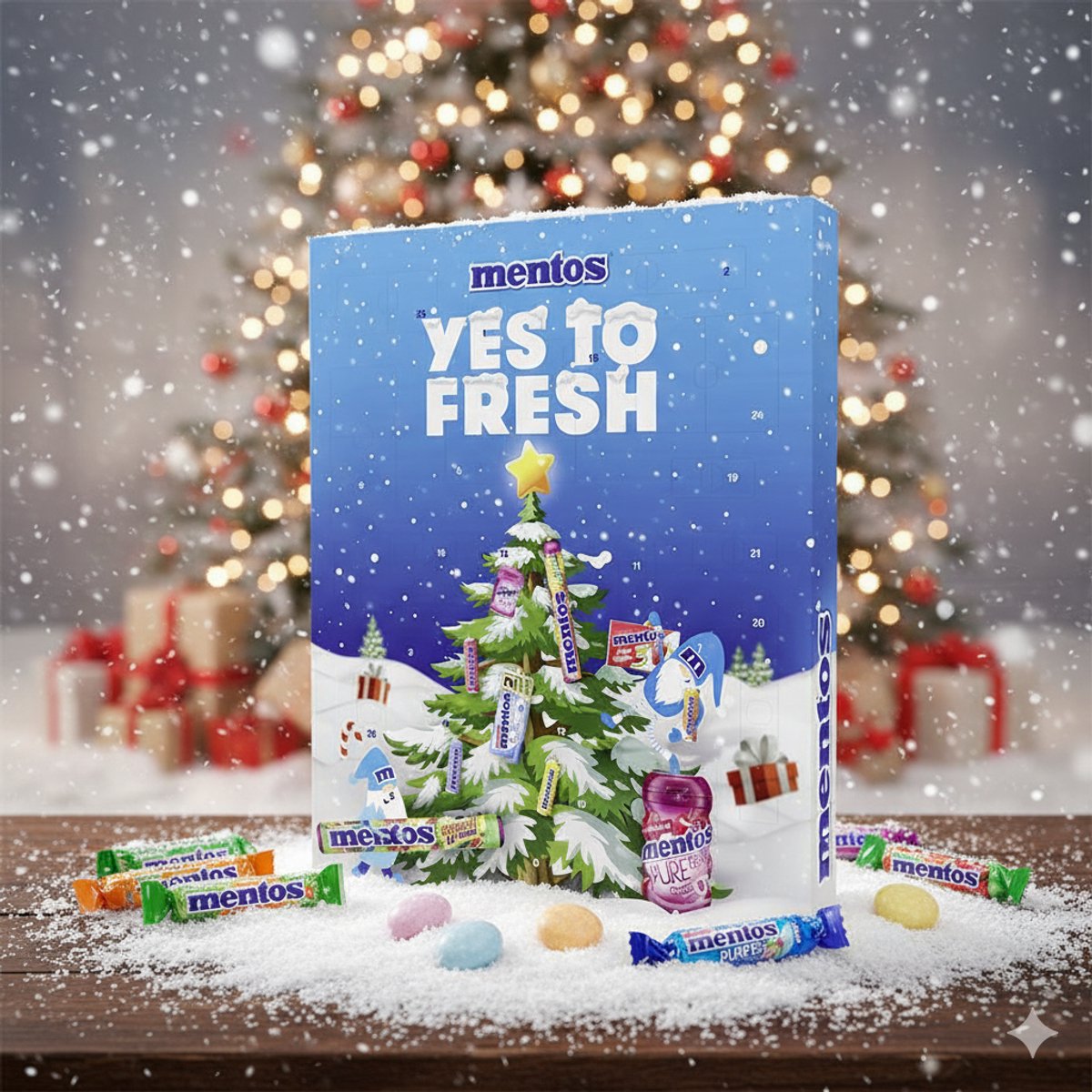 Mentos Adventskalender 2025 – 24 Vakjes met Kauwsnoep & Kauwgom – Mix van Verschillende Mentos Soorten – Grote Kerst Adventskalender 444 g