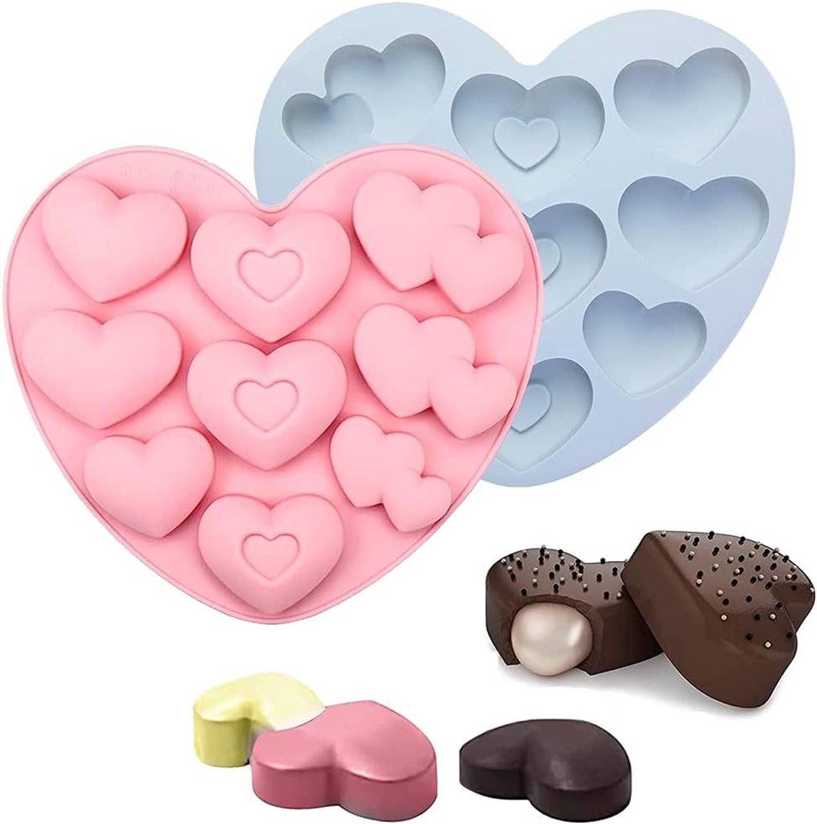 Set van 2 Hartjes Candy Mould - Love Heart Silicone Molds - Silicone Hartvorm - DIY Bakeware - met 3 Vormen en 9 Gaten - Vaatwasser Bestendig - voor Chocolade, Jelly, Mousse, Zeep Maken (Roze, Blauw)