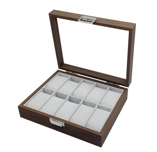 Open houten horlogedoos met walnootafwerking en glazen deksel, met 10 lege witte kussens voor horloges.