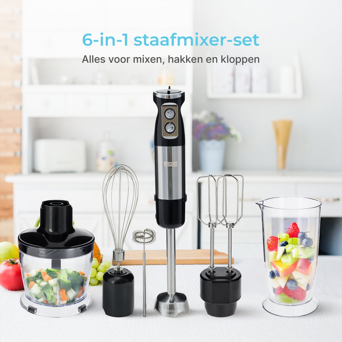 Goodforce 7 delige Staafmixer set – Inclusief Hakmolen, garde, melkopschuimer, klopper & Maatbeker – krachtig & vaatwasserbestendig – 12 snelheden + turbofunctie – 1000W – PFAS-vrij – foto 2