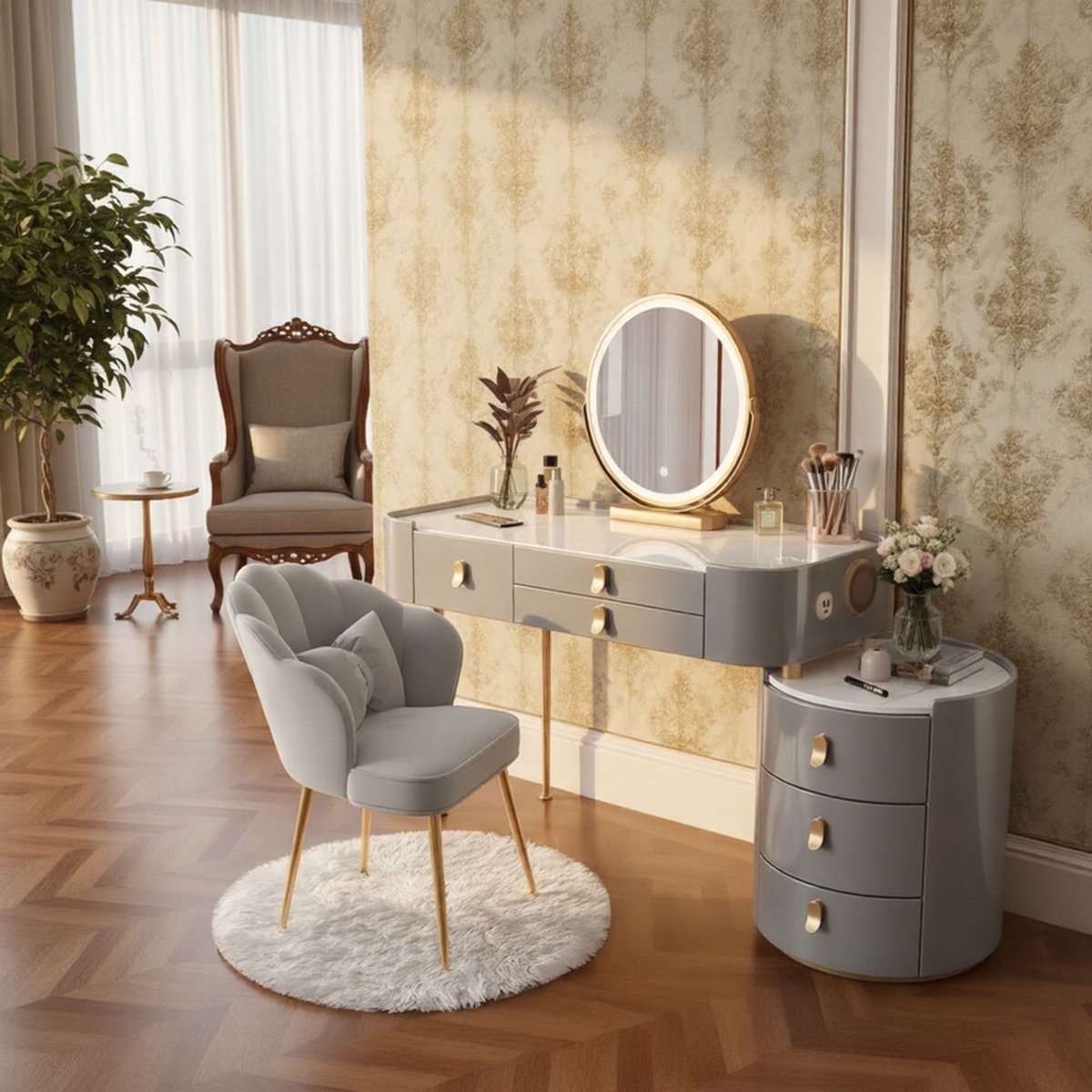 Make-uptafel met glasplaat en LED-spiegel, 360° draaibare dimbare verlichting, kruk, 3 laden, bluetooth-luidspreker, USB-poort, draadloos opladen, modern design voor slaapkamer, grijs en goud, 100 x 40 x 76 cm – Altameubel