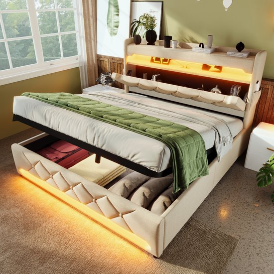 Gestoffeerd Bed 180×200, Tweepersoonsbed Met 4 Laden Led Verlichting En Usb C Oplaadpoort Fluweel Grijs Zonder Matras