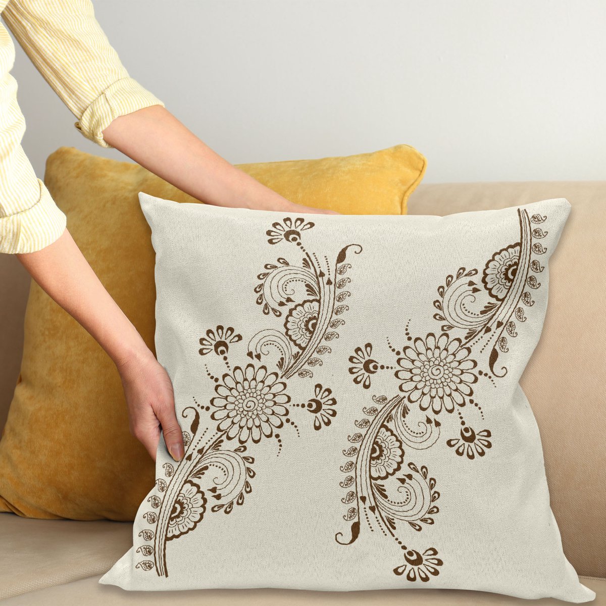 ABAKUHAUS Henna-Kussenhoes – Dubbelzijdig bedrukt – 50x50 cm – Bruin/Creme Bruin en crème