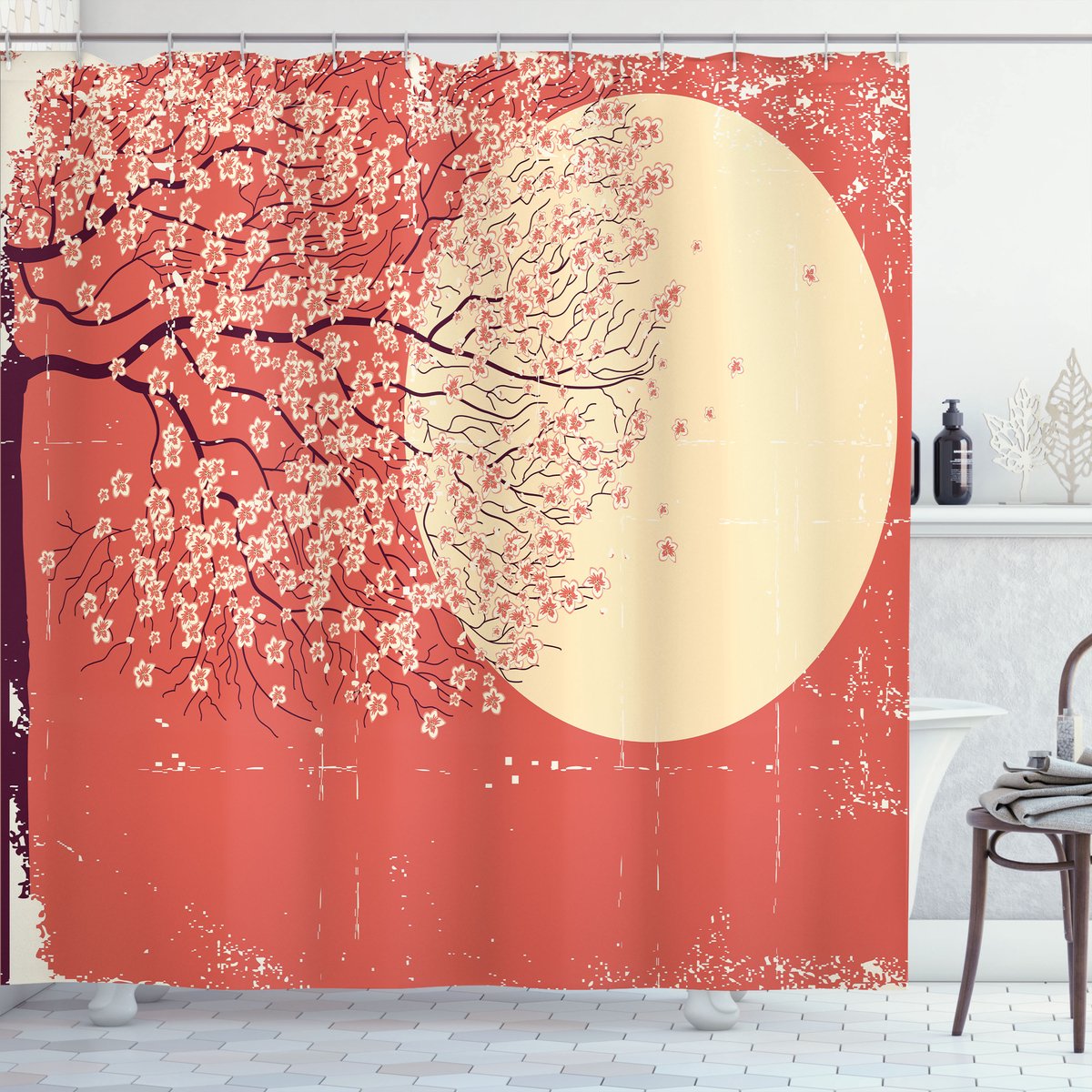 ABAKUHAUS Lente Douchegordijn, Sakura Kersenbloesemtakken voor de Maan in Japanse Stijl, Stoffen Badkamerdecoratieset met Haken, 175 B x 200 L, Koraal Lichtgeel Pruim