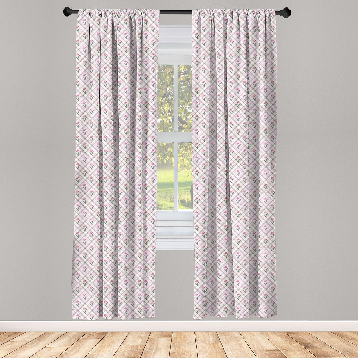 ABAKUHAUS Geruite raamgordijnen – 2-panelen 75x225 cm – Microvezel, mauve roze & bosgroen