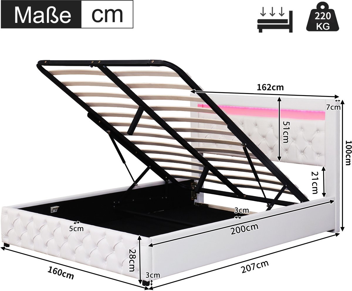 Wishdor Gestoffeerd Opbergbed 160x200 cm – LED Hoofdbord – Hydraulische Lift – Wit PU – Sfeervol & Ruim