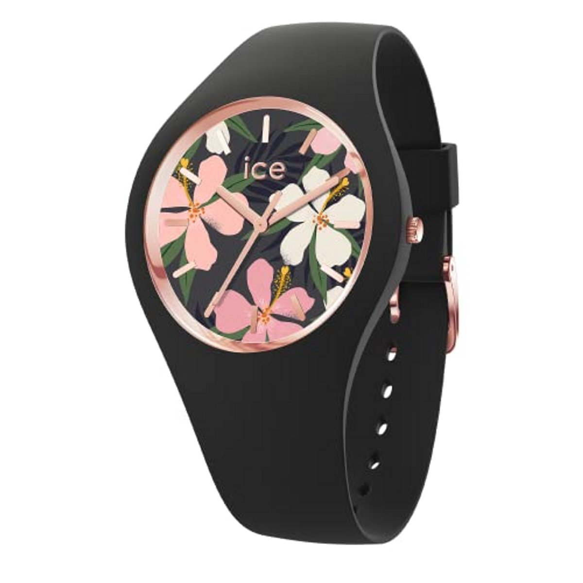 Dameshorloge met Siliconestrap in Zwart met Bloemen Design