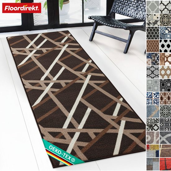 FLOORDIREKT Tapis Imprimé - En 2 Couleurs - Chemin de Tapis sur Mesure - 67 x 300 cm Brun - Tapis Moderne Avec Motif à Rayures & Dos Antidérapant - Résistant à l'Usure & Facile d'Entretien - Nombreuses Dimensions Disponibles