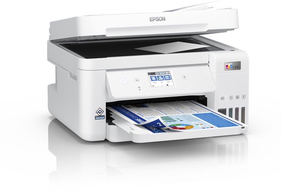 Witte Epson EcoTank ET-4856 printer in de open stand. De printer toont een document met grafieken op het uitdraai-vak.