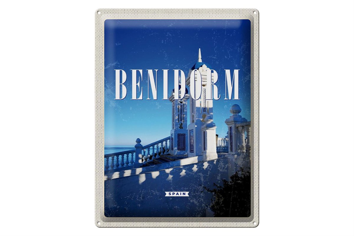 Blechschild Reise 30x40cm Retro Benidorm Spain Spanien Badeort