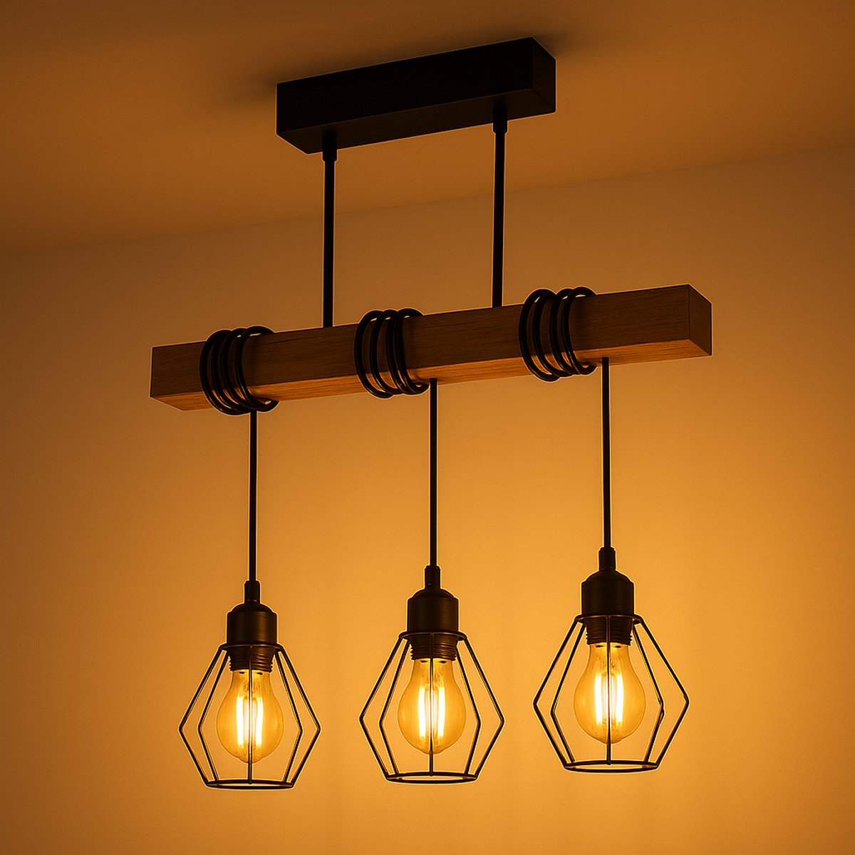 Hanglamp Hout en industrieel | 50CM | 3 x E27 fitting | Zwart - Hout