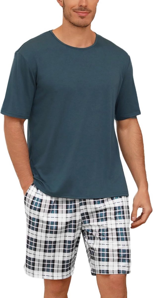 Korte Katoenen Pyjama Heren Set - Groen, M - Comfortabele Nachtkleding