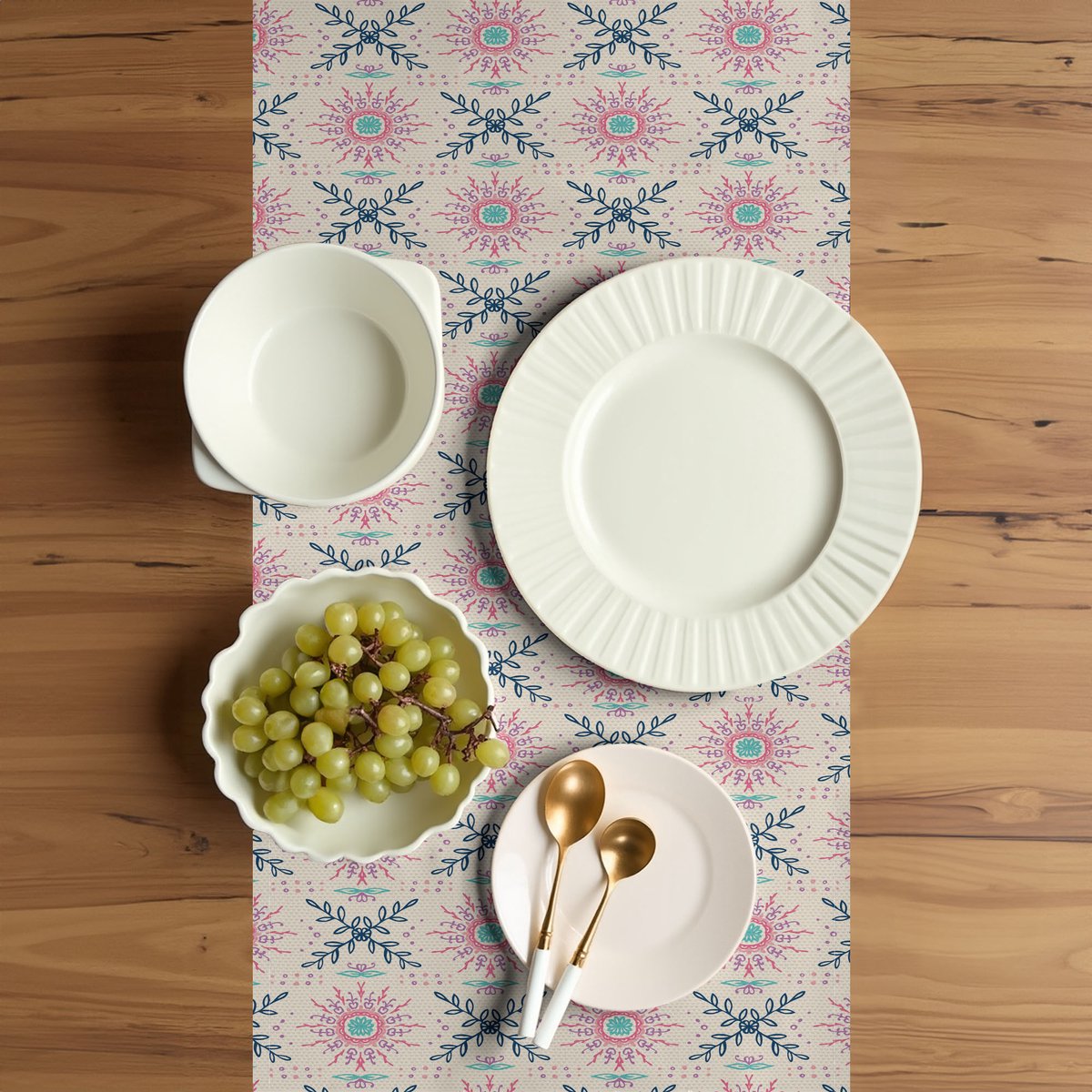 ABAKUHAUS Boho tafelloper – Rechthoekig 40x300 cm – Hemelsblauw/Roze