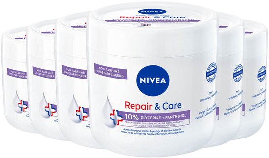 Voordeelverpakking van Nivea Repair & Care potten, 10% glycerine + panthenol.