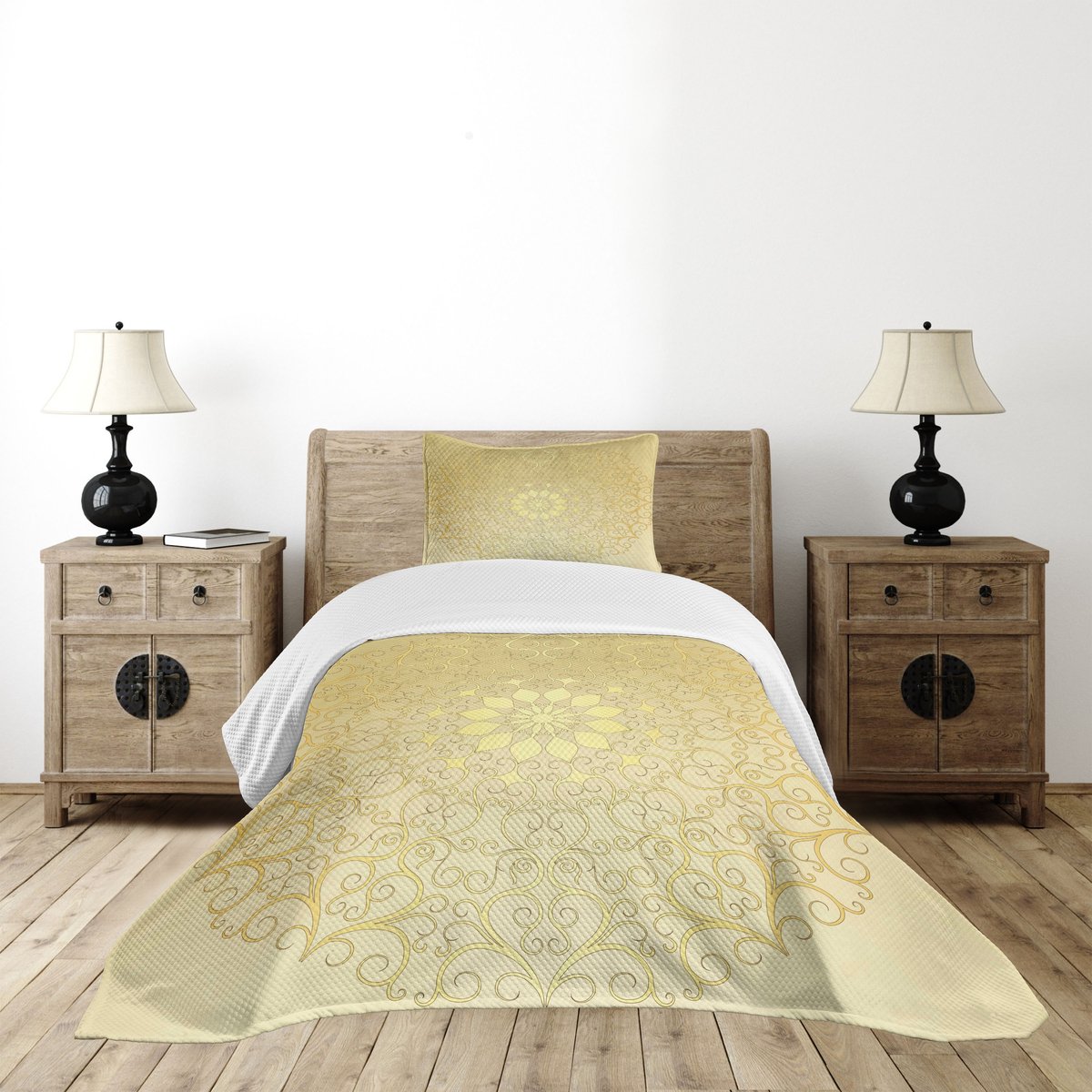 ABAKUHAUS Mandala Set – bedsprei 170x220 cm + kussenhoes, geel, bleekgeel, polyester