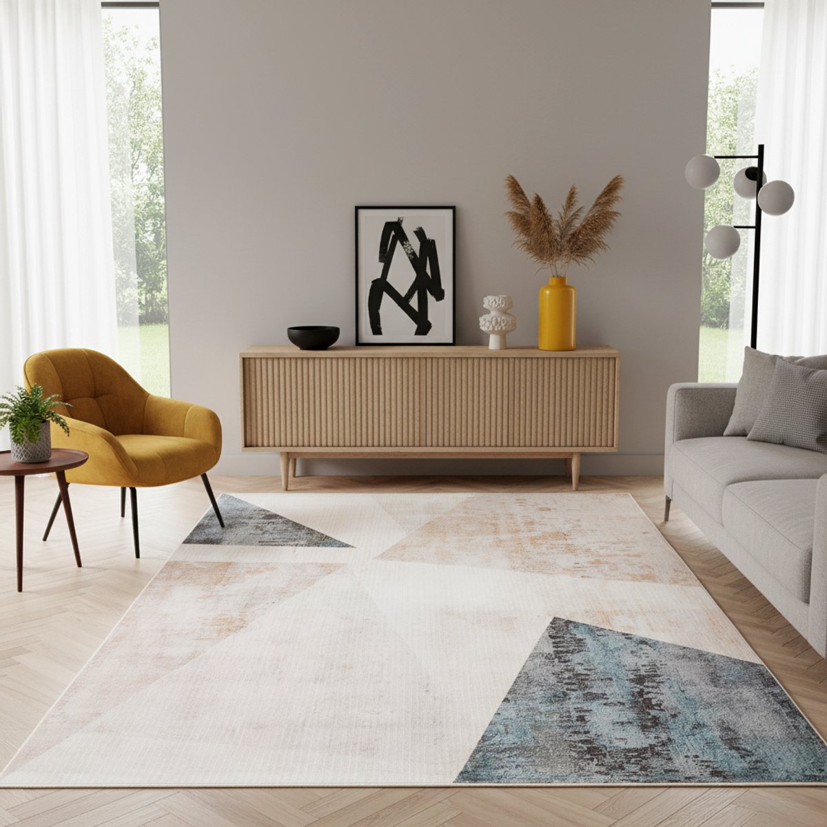 Tapiso Nora Vloerkleed Woonkamer Kleed Beige Grijs Modern Geometrisch Antislip Vlekbestend