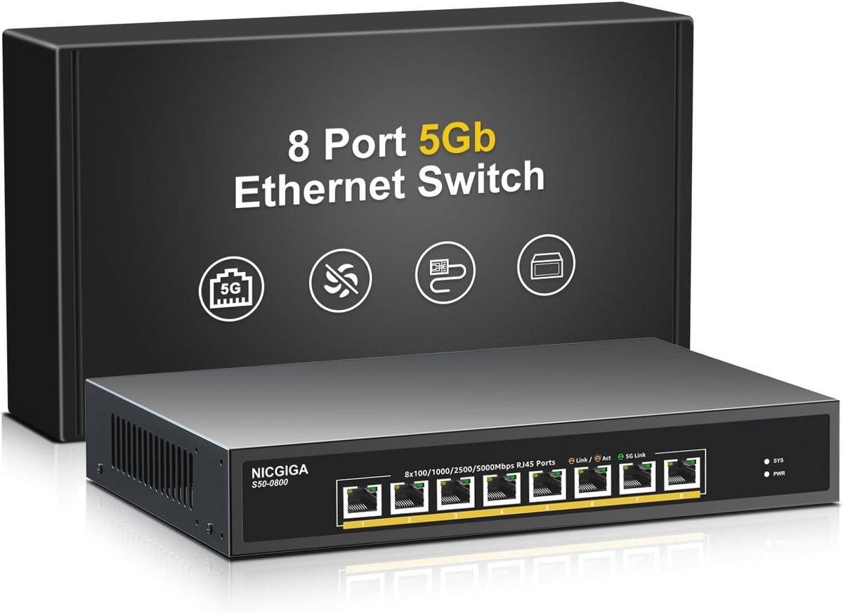 8-poorts 5 Gb Ethernet-switch met 5G Ethernet-poorten voor snelle netwerken