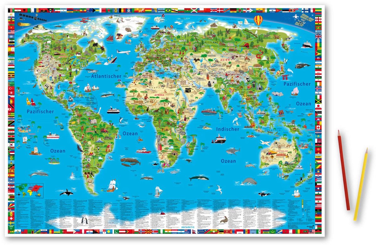 IMPERATORIS® Wereldkaart - Wanddecoratie - Luxe Stevig Papier - Werelddelen - Oceanen - Steden - Vlaggen - 45 x 65 x 0.05 cm