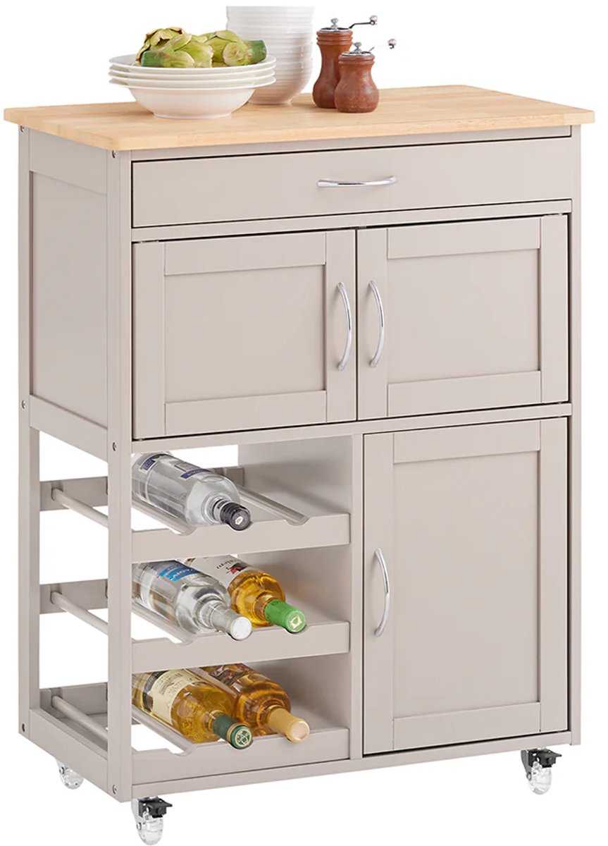 Keukeneiland - Verplaatsbaar - Keukenkast - Dressoir - Organizer - Kasten - Houten Werkblad - Lade - Beige