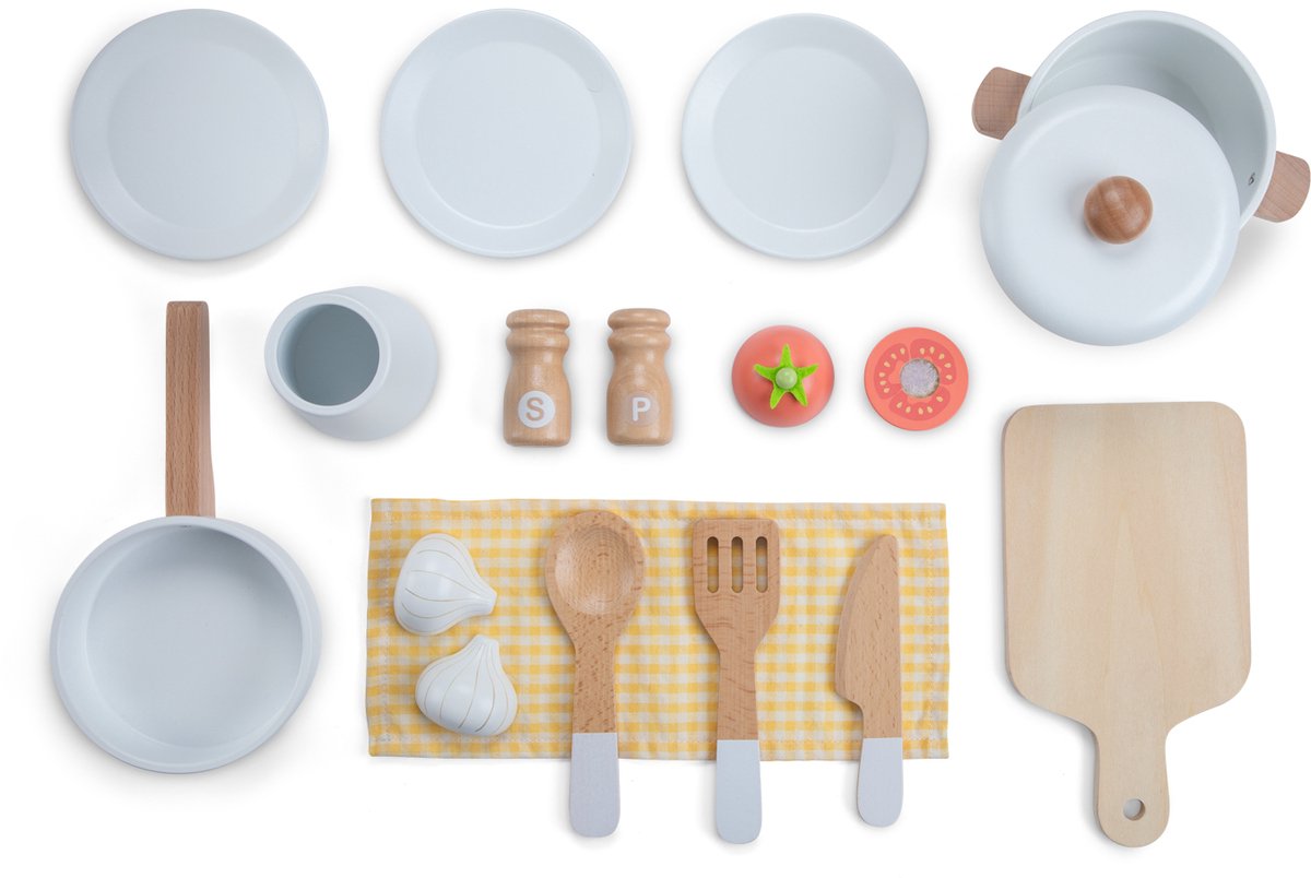 Woet® Houten Speelgoed Kinderkeuken Beige - Speelkeukentje met Pannen, Servies, Groente en Snijplank - Houten Speelkeuken - Werkbladhoogte 55 cm - Rollenspel - Vanaf 3 Jaar — afbeelding 9