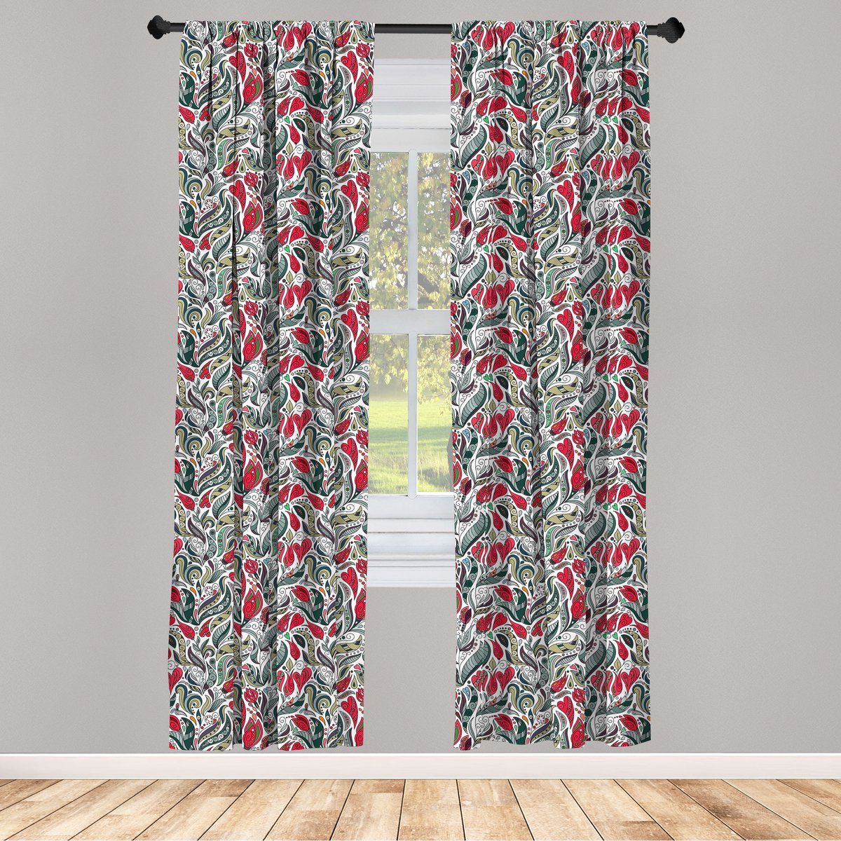 ABAKUHAUS Retro Raamgordijnen – 2-panelen, 75x245 cm, grijs/roze