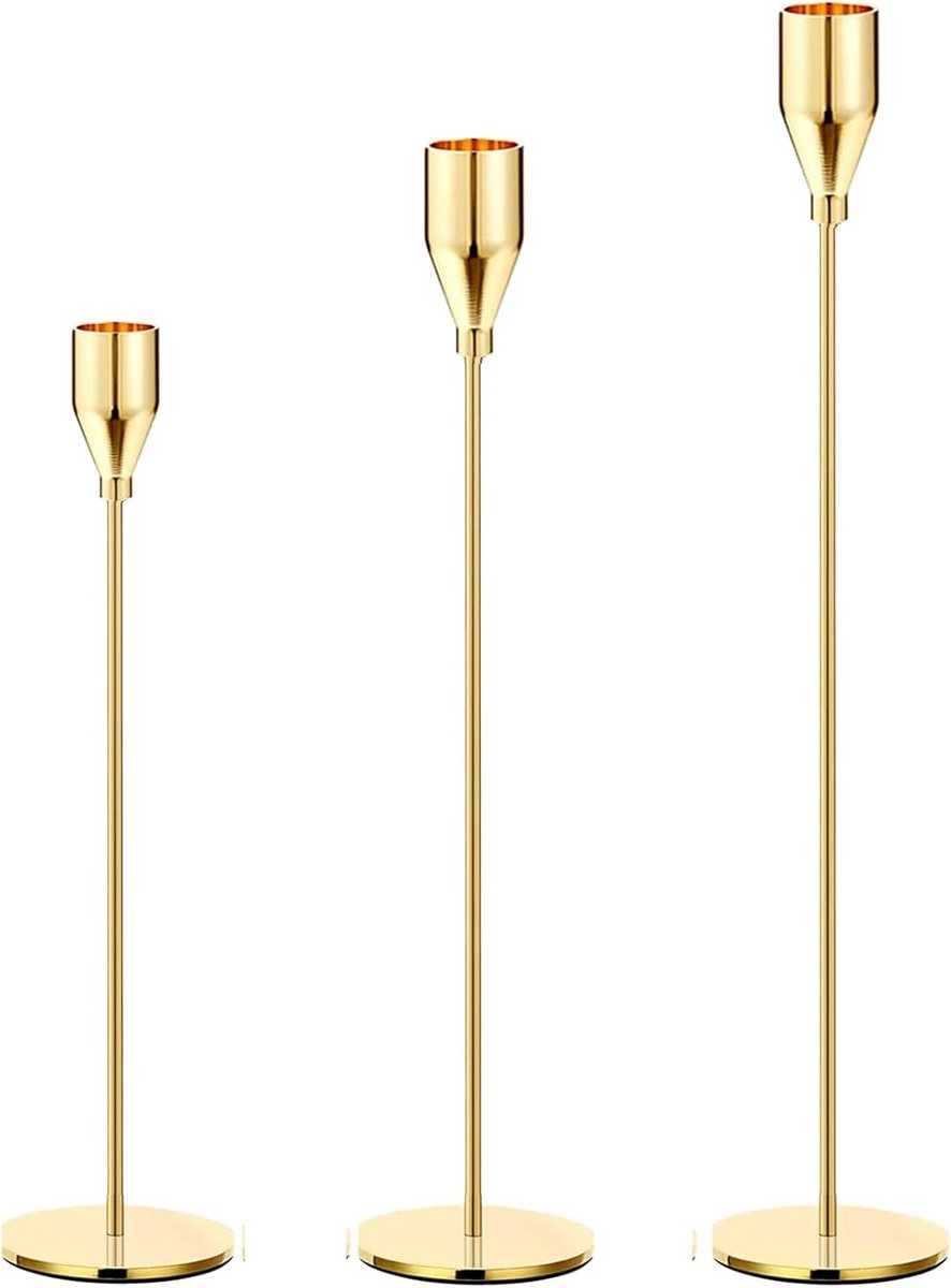 Set van 3 Slanke Kaarsenstandaards voor Staafkaarsen - Goudkleurig - Decoratie voor Tafel 
