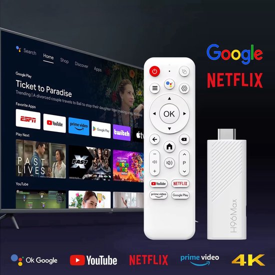 Streaming Box Android TV 4K UHD | Google TV HDMI Stick | Chromecast Ingebouwd | Google Stemassistent Compatibel | Dolby Atmos | Stickformaat | Zwart
