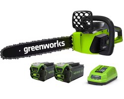 Greenworks 40V Elektrische Kettingzaag - Kettingsnelheid:12 m/s - Koolborstelloze motor - Kettingzaag – Snoeizaag - Incl. 2x 4Ah batterijen + 1x oplade - Groente