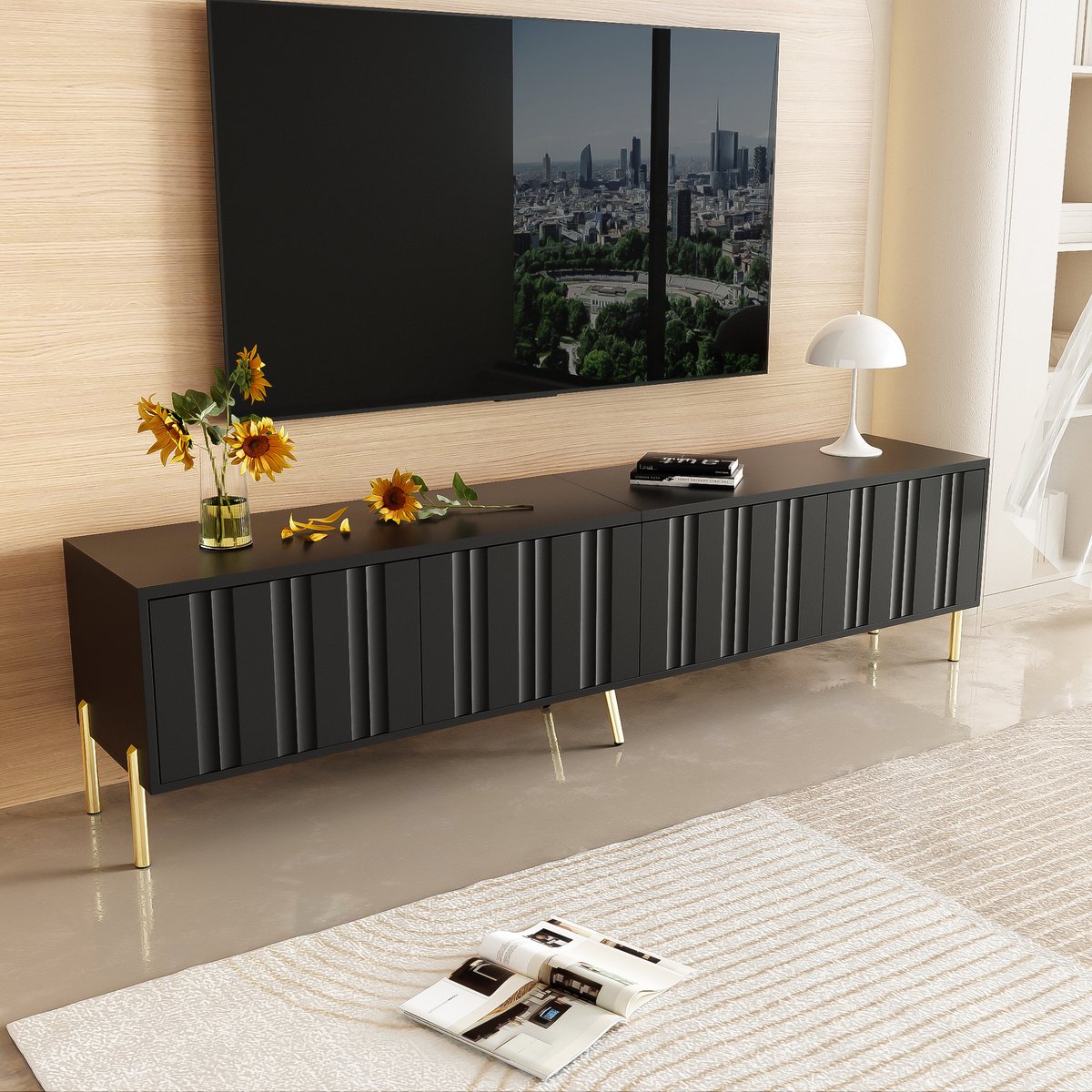 REDOM TV-meubel - MDF - met deuren - 190 cm(L) x 38 cm(W) x 48 cm(H) - Black Zwart