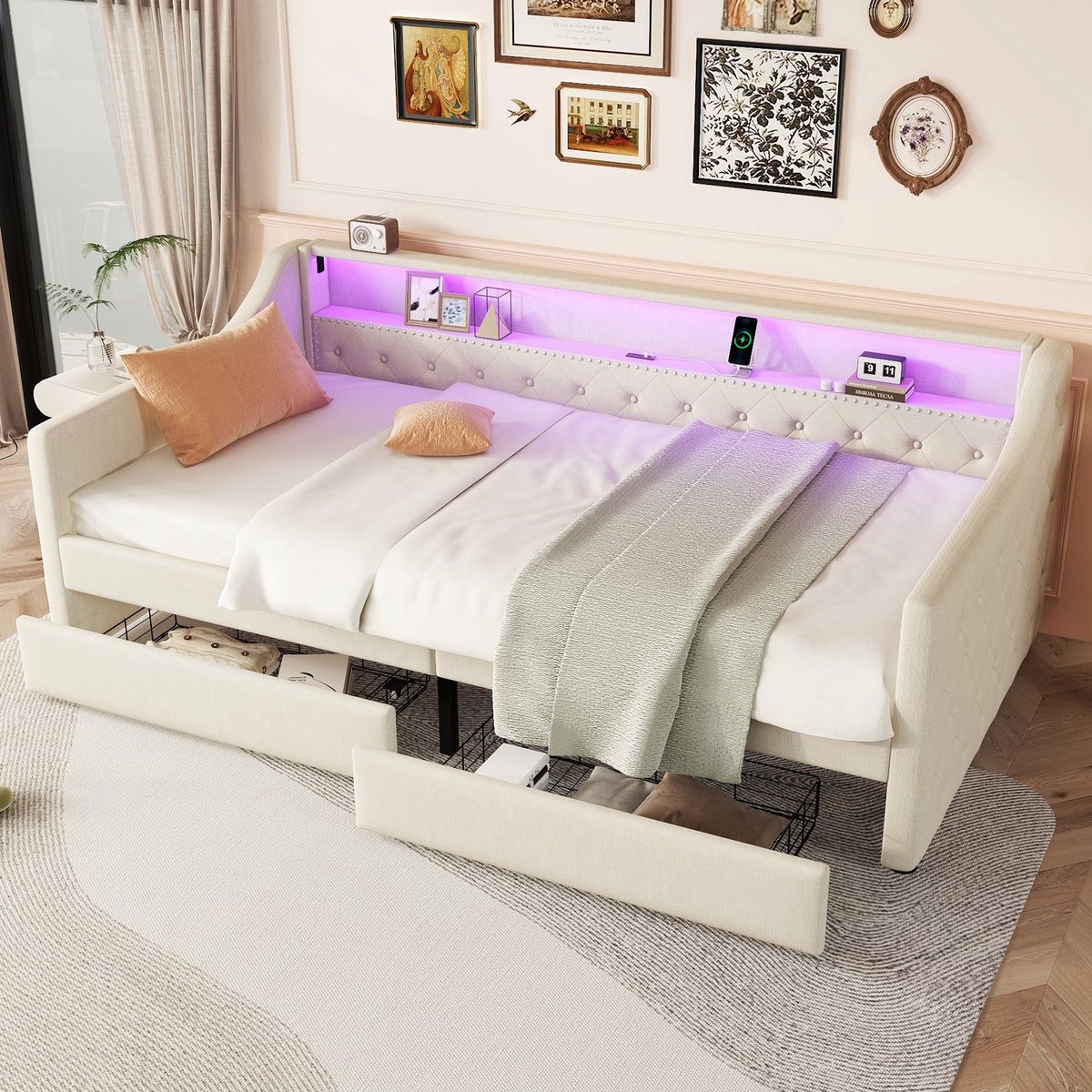 HAUSS SPOLE Dagbed 90x200cm - Slaapbank Met LED-Omgevingslicht - 2 Lades En USB-Oplaadpoort - Voor Logeerkamer - Linnen En MDF - Zonder matras - Beige