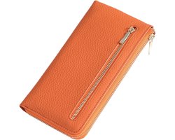 Damesportemonnee - Lange damesportemonnee - RFID-antidiefstal - Suède muntportemonnee - Clutch met meerdere kaartsleuven - Oranje - 1 stuk