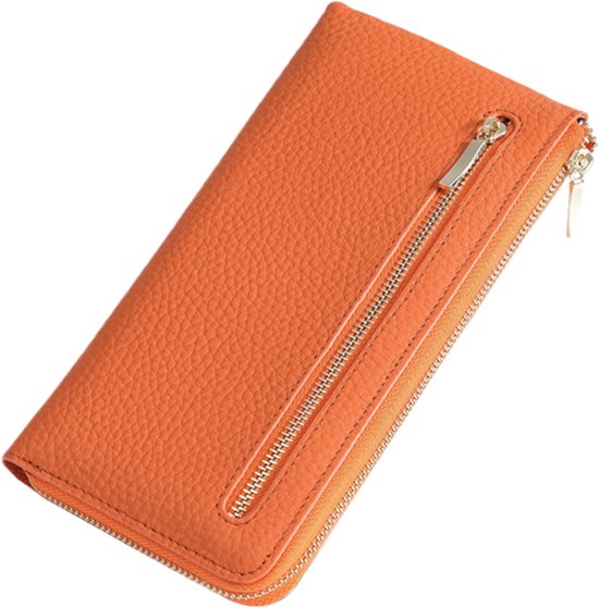 Damesportemonnee - Lange damesportemonnee - RFID-antidiefstal - Suède muntportemonnee - Clutch met meerdere kaartsleuven - Oranje - 1 stuk