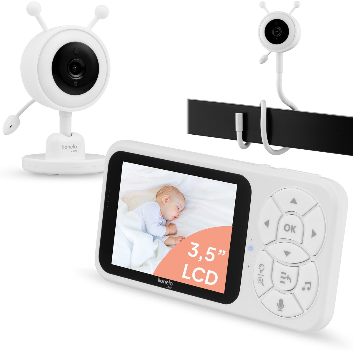 Lionelo Babyline 3.4 Baby Monitor - 3.5" LCD Screen - Night Vision & VOX Sound Detection - Two-way communication - RGB Night Light - Temperature Sensor - Up to 4 Cameras - 300 m Range - With Flexible Mounting Arm