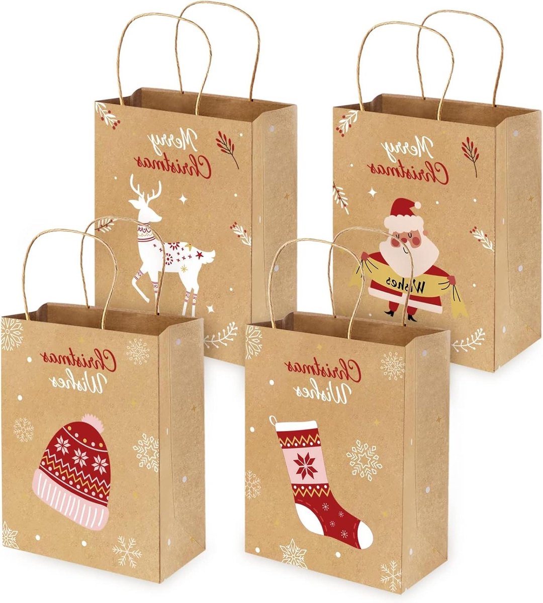 Allecta - Papieren zakjes kerstcadeauzakjes 24 stuks - 21x11x27 cm - Kerstmotieven - Kraftpapieren zakjes - Geschenken - Snoep - Feest