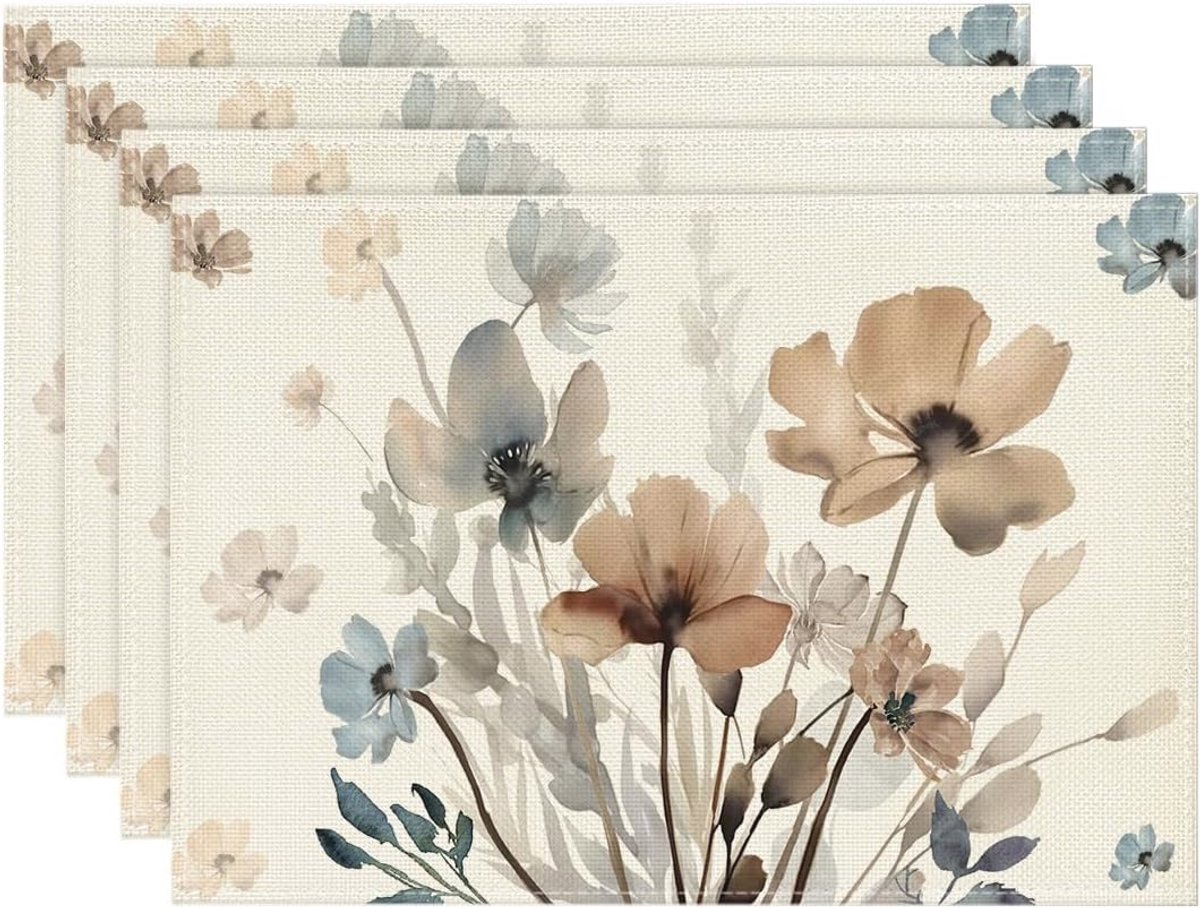 Set van 4 wasbare placemats met bloemen en bladeren - 30 x 45 cm