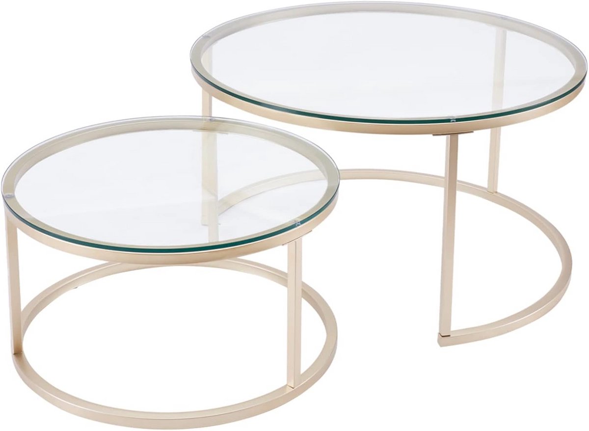 Set Salontafels Rond met Gouden Metalen Frame en Glazen Tafelblad