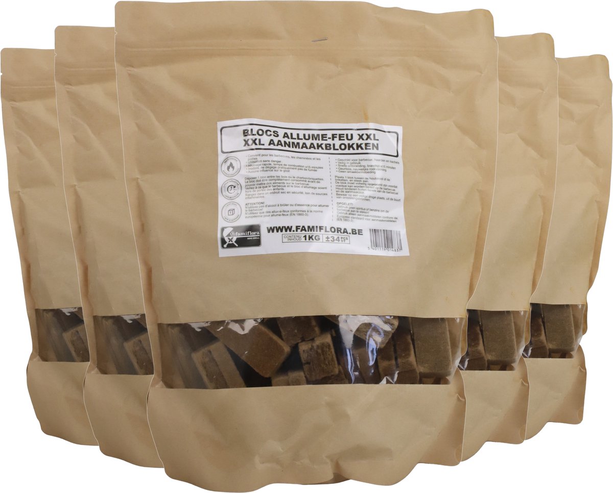 Famiflora XXL Aanmaakblokjes Bruin - 5x 1kg (170 stuks) - Extra Krachtig - Voor Vochtig Hout & Grote Kachels - Duurzaam - Extra groot voor langdurige vlam zodat je minder vaak hoeft bij te vullen
